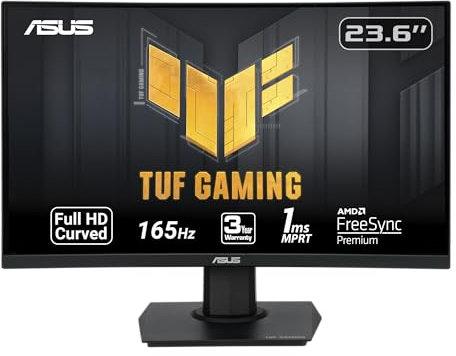 ASUS TUF Gaming 23.6 1080P Curved Monitor (VG24VQE) - Full HD, 165Hz, 1ms, Extreme Low Motion Blur, Adaptive-Sync, FreeSync Premium, Shadow Boost, VESA Mountable, DisplayPort, HDMI, BLACK