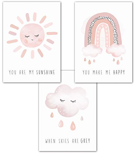 Lemmami Papeterie 3er Set Wandbilder Kinderzimmer Babyzimmer Poster Bilder DIN A4 Mädchen Jungen Boho Deko Dekoration Regenbogen Sonne Wolke (3er Bilder Set Rosa, Pastell, Wanddeko)