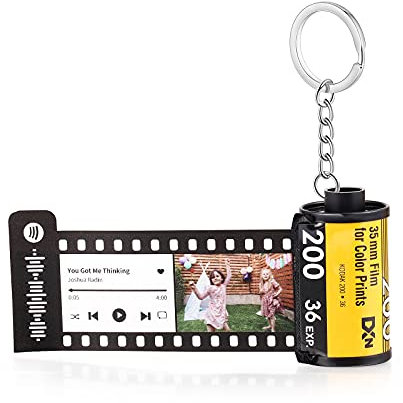 ALBERTBAND Porte-Clés Personnalisables Photo x5/8/10/15/20,Porte-clés Album Photo caméra Film Rouleau,Cadeau d'anniversaire de Noël Rétro pour Papa Maman Amant Ami (Musique+code-10pcs)