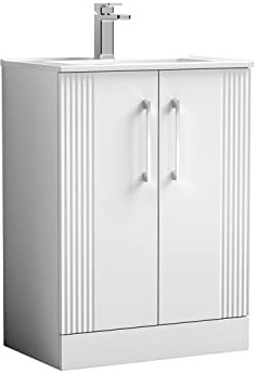 nuie DPF125B Deco Modern Bathroom Floor Standing 2 Door Part Fluted Vanity Basin Unit with Minimalist Ceramic Basin, 600mm, Satin White
