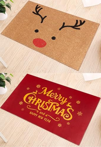 COLOFALLA 2 Stück Weihnachten Fußmatte 60 x 40cm Filz Weihnachtsfußmatte Rentier Merry Christmas Rot rutschfest Türmatte Winter Deko Weihnachtsdeko