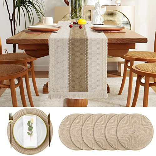 Boho-Tischläufer und runde Boho-Tischsets, spleißend, Makramee-Tischläufer mit Quasten, Bauernhaus, Esstischdekoration für Hochzeit, Küche, Esszimmer, Beige, 30,5 x 183,9 cm, 7 Stück