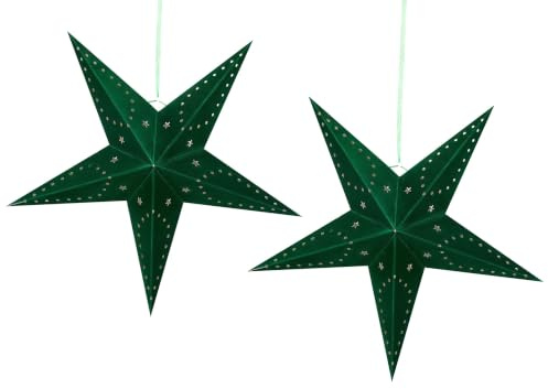 Set of 2 Velvet Paper LED Stars Hanging Christmas Decor 60 cm Green Motti