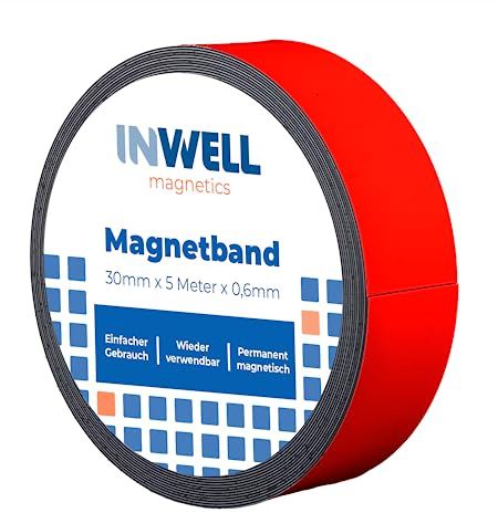 Inwell - Magnetband 30 mm in Farbe Rot auf Rol | 5 meter | NICHT Selbstklebend | Stark magnetisch | Magnetstreifen