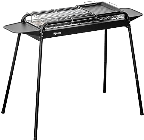 Outsunny Barbecue a Carbonella con Griglia e Piastra, BBQ Portatile in Acciaio con Ripiani Laterali, 113x59x83.5cm, Nero