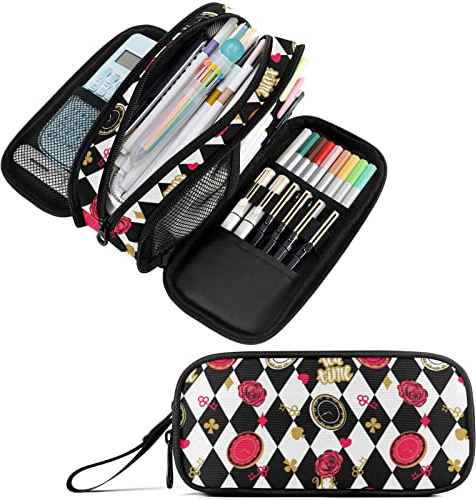 Fustylead Alice in Wonderland with Chess Board Large Pencil Bag Storage Pen Case Makeup Pouch Stationery Bag for School College Office Organizer