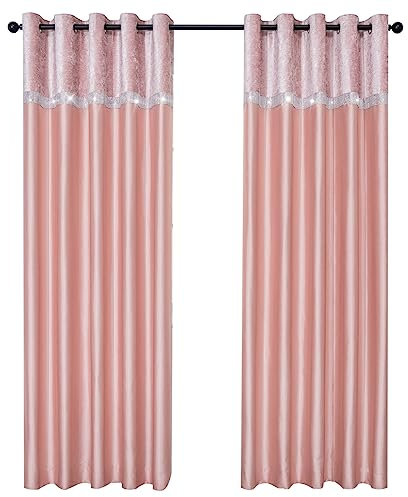 QINUO HOME 90 x 90 Crushed Velvet Curtains - Fully Lined Faux Silk Diamante Band, Eyelet Top Thermal Insulated for Bedroom Windows, 90 Inch Drop, 2 Panels, Pink