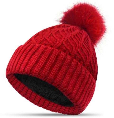 FORVEVO Mütze Damen Winter, Beanie Damen mit Fleece Gefüttert, Warme Wintermütze, Strickmützen mit Bommel für Outdoor Laufen Skifahren (Rot)