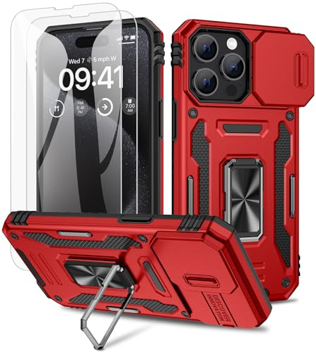 Doeshine for iPhone 15 Pro Case, 2 Pack Screen Protector, with Magnetic Ring Kickstand & Slide Camera Cover, Shockproof Military Drop Protection Cases for iPhone 15 Pro 5G (Red)