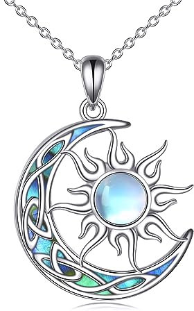 YAFEINI Sonne und Mond Kette Damen 925 Sterling Silber Abalone Muschel Keltischer Mond Anhänger Halskette Mondstein Sonne Schmuck Geschenk