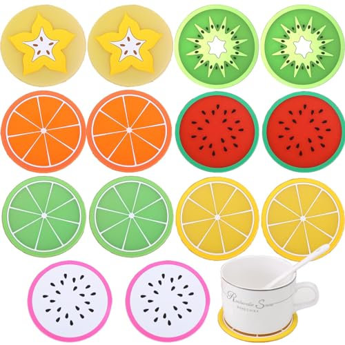 KASESSS 14 Stück Gummi Frucht Untersetzer, Zitrone Coasters, Tassenuntersetzer rutschfeste, Getränkeuntersetzer Isolierte Wärme, Dekorative Getränke Untersetzer für Tassen, Tisch, Bar, Glas, Gläser
