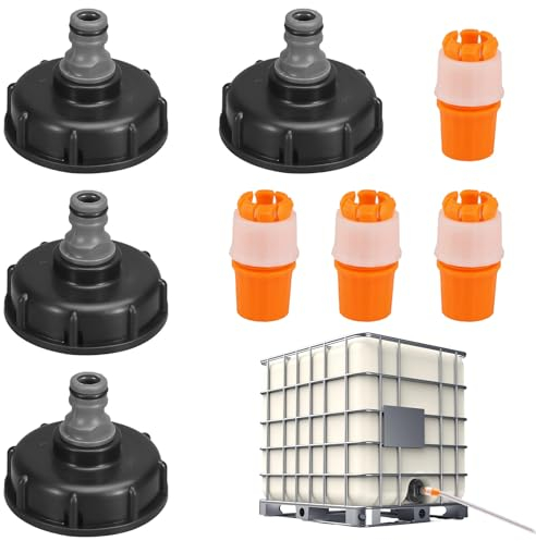 4 Stück IBC Tankdeckel Adapter, 1/2 Zoll Schnuller-Ventiladapter IBC Verbinder mit 4 Rohrverbinder IBC Tank Verbinder Adapter Kappe für den Anschluss von Gartenschläuchen, IBC-Wassertanks