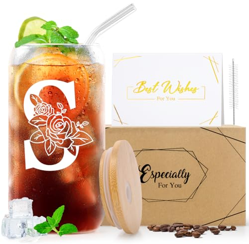 A-Z 26 Initial Personalised glasses drinking Birthday Gifts for Women Girlfriend Best Friend Her Mum Sister Friendship Teacher Valentines Christmas Gifts, Iced Coffee Cup Gift with Lids Straws