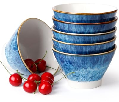 NUTRIUPS 12.5cm Ceramic Cereal Bowls Set of 6, 400ml Blue Dessert Bowl Set, Rice Bowl, Ice Cream Bowl