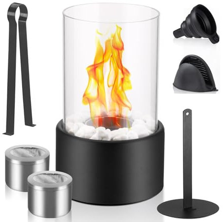 COFEMY Tischkamin - Bioethanol modernes Tischfeuer Bioethanol Kamin Indoor und Outdoor mit weißen Dekosteinen Ethanol Kamin inkl 2*Brennkammer, 1*Deckel, 1*Clip, 1*Trichter, 1 Handclip