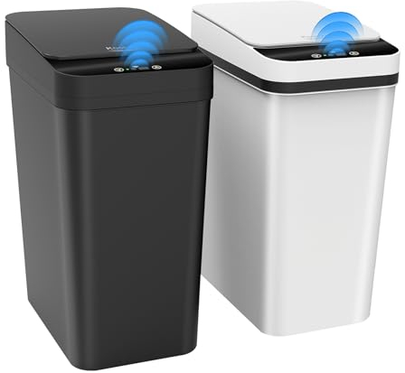 Kssvzz 2 Paquetes papelera baño automatica 10L,Cubo de basura inteligente con tapa, Bote estrecho de cubos basura con sensor de movimiento para baño, dormitorio y oficina (2, blanco/negro)
