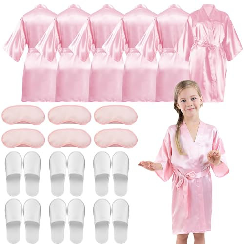 LYCN Lot de 6 peignoirs kimono en satin pour filles avec 6 masques pour les yeux en soie et 6 paires de pantoufles, peignoirs de bain d'anniversaire pour fille, vêtements de nuit pour mariage, fête