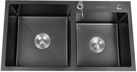 HOARLICN Edelstahl Küchenspüle, 2 Becken Doppelwaschbecken Mit Abtropffläche Seifenspender Waschbecken Einbauspüle Spülbecken Schwarz Große Küchenspüle Geeignet Zum Restaurant