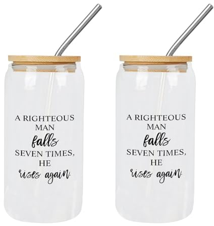 Yelolyio Trinkgläser mit Bambusdeckel, Aufschrift A Righteous Man Falls Seven Times, He Rises Again, Glasbecher, Geschenk für Muttertag, ideal für Boba-Tee, Whiskey, Wasser, 2 Stück