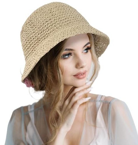 FUIPVGI Chapeau de pêche pour Femme - Couvre-Chef bob Pliable - Chapeau de Soleil - Couvre-Chef de Plage tricoté à la Main pour Femmes et Filles Blanc Taille Unique