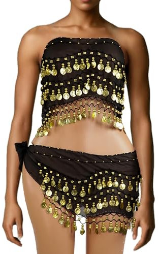 Baisdan - 2 Pezzi Cintura Danza del Ventre, Danza del Ventre Gonna di Avvolgente con Monete d'oro Gonna per Zumba Classe di Yoga Latino Latino, 2 Pezzi, Nero