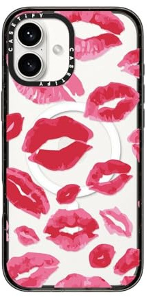 CASETiFY Impact iPhone 16 Plus Case [Slim / 8.2 ft. 4X Military Grade Drop Protection/Compatible with Magsafe] - Lipstick Kisses - Clear Black