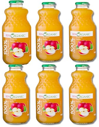 BenOrganic Juice 6 x 946ml Glass Bottles, Organic Juices, Sugar and Additives Free - Not from concentrate (One Size, Apple)