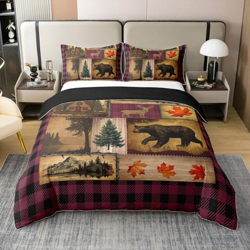 Cotton Country Cottage 200x200 Literie Set,Chasse de Noël Cerf Ours Faune Housse de Couette Garçon Fille,Plaid Noir Rose Parure de Lit,Western Cottage Decor Couvre Lit