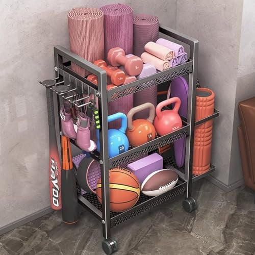 Yopption Modern Black Carbon Steel Gym Storage Rack for Dumbbells, Yoga Mat, Fascia Roller, Kettlebell and Yoga Block