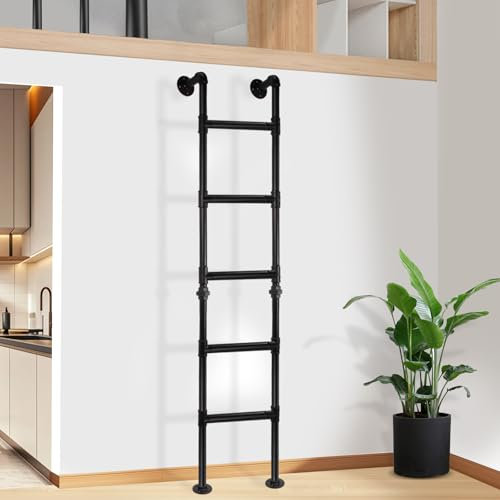 5.6FT/170CM Bunk Bed Ladder, Wall-to-Floor Window Well Egress Climbing Ladder, Wrought Iron 150kg Capacity, 5-Rung, Indoor Outdoor for Basements, Attics, Lofts, Dorms & Home