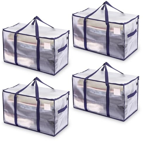 Ultimo Designs Heavy-Duty Oversized Storage Bags with Zip & Clear Tag Pocket – Water-Resistant, Durable Organizer for Moving, Clothes, Laundry, Packing & Home Storage (Clear, 4 Pack)