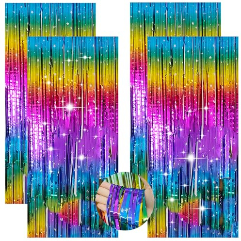 Hauojaus 4 Stück Glitzervorhang Lametta Bunt, 1x2m Geburtstagsdeko Vorhang Glitzer Vorhang mit Sterndesign, Bunter Geburtstag Deko Wiederverwendbarer Tinselvorhang für Karnevals Deko Halloween