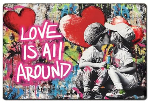 SUPERDANT Love is All Round Metal Signs Graffiti Banksy Tin Signs Abstract Wall Art Poster Iron Plaque for Living Room Bedroom Bar Club Man Cave Vintage Decor Housewarming Gift