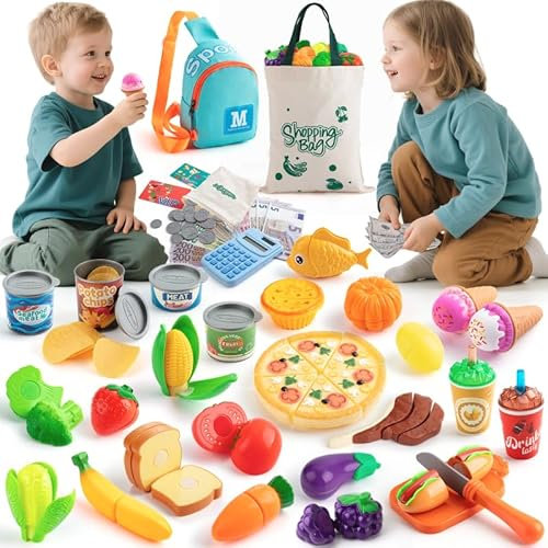 EFO SHM Accesorios Cocina Juguetes, 68 Piezas Frutas y Verduras Juguete con Dinero Falsos Real Euros Comida Helados Calculadora, Cocinita Juego de rol Comida Juguete Cocinita para Niños Niñas 3+ Años