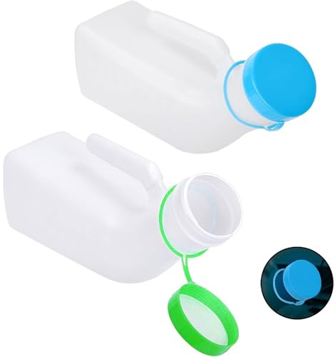 2 Pack Male Urinals for Men Glow in The Dark Lid by Tilcare (1 Pack) - 32oz/1000mL Thick Plastic Mens Bedpan Bottle with Screw-on Lid - Spill Proof Urinary Chamber - Male Portable Travel Pee Bottles