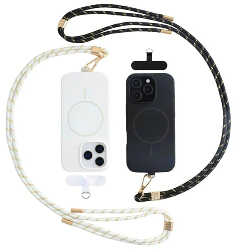 AHABIPERS Cordon Telephone Portable, Lot de 2 Cordon Téléphone Portable Universelle, Tour de Cou Telephone Réglable et Détachable, 2 Patchs de Sangle de téléphone pour Smartphones - Noir&Blanc