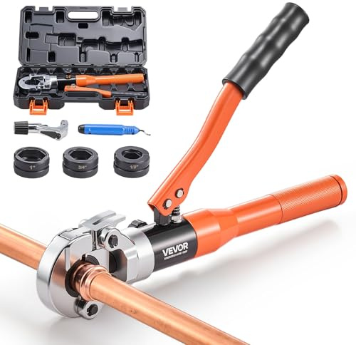 VEVOR Copper Pipe Crimping Tool, Hydraulic Driven Press Tool with 1/2, 3/4, 1 VUS Jaws, Copper Tube Fittings Crimper for Narrow Spaces, Straight & Bend Fittings - Compatible with ProPress