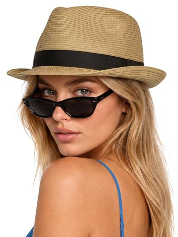 Zylioo Sun Hats S/M/L/XL/XXL Straw Hat Large Hats Fedora Trilby Summer UV Protection UPF+ Cuban Jazz Hat for Beach Holiday Travel Khaki