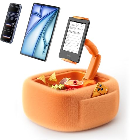 LULULOOK Support Kindle avec 2 Poches, réglable, avec Bras pivotant magnétique, Support Universel pour Tablette avec Plateau à collation Amovible, pour Tous Les appareils de 4,7 à 16 , Orange