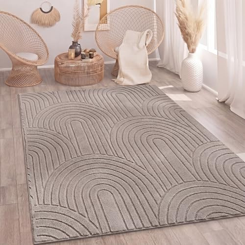 Paco Home Teppich Wohnzimmer Schlafzimmer Hochflor Weich Uni 3D-Optik Pflegeleicht Modernes Design Waschbar Taupe, Grösse:160x220 cm
