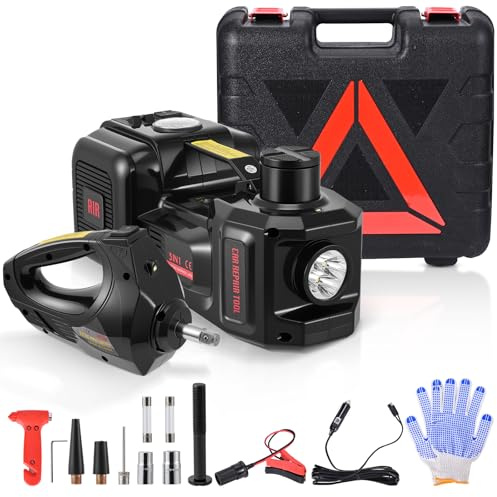 Gato eléctrico 5T, elevación 155-530 mm, operación con un botón, alimentación Dual, con Llave de Impacto y compresor de Aire, maletín portátil, 3 en 1 para Mantenimiento de vehículos (Negro)