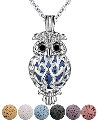 Damen Ätherisches Öl Diffusor Halsketten, Versilbert Eulen Medaillon Anhänger mit 7 Mehrfarbig Lava Perlen, Mode Aromatherapie Schmuck von CELESTIA, Geschenke für Ätherisches Öl Benutzer