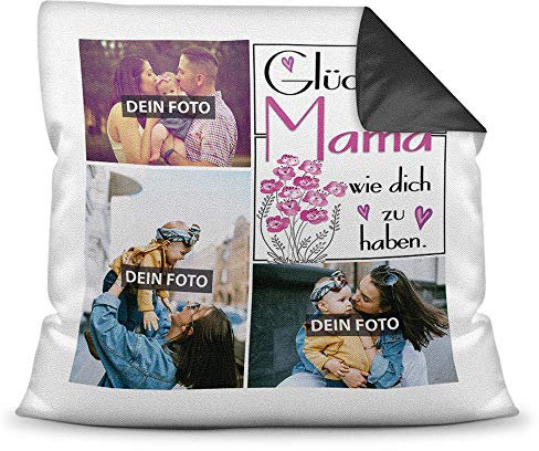 Print Royal Foto-Kissen inkl. Füllung zum Selbstgestalten - für Mama - mit eigener Collage und Spruch - Bestes Fotogeschenk/Geburtstagsgeschenk - Farbkissen Rückseite Schwarz