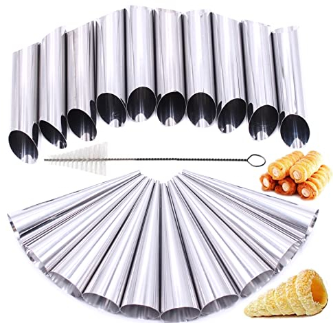 Sahnehornformen aus Edelstahl, 21 Stück, Cannoli-Form, Croissant-Backformen mit Reinigungsbürste