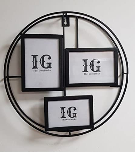 Runder Bilderrahmen Collage Fotorahmen Metall Schwarz mit Rechteck 3 Fotos Ø 41 cm x 5 cm