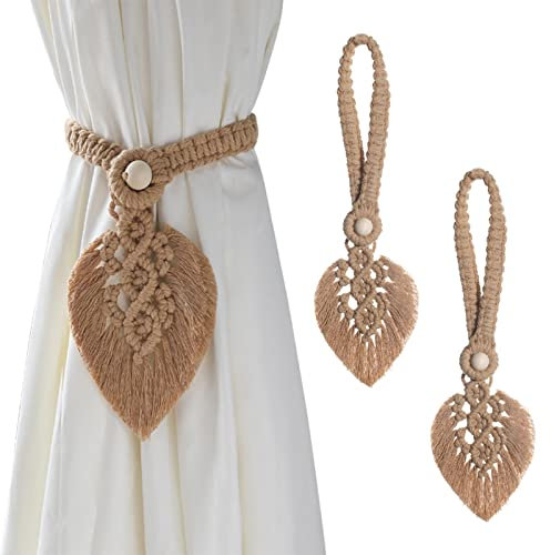 MOROBOR Curtain Tiebacks, 2pcs Brown Bohemian Home Decoration Drapery Holdback Farmhouse Curtain Tie Back Holder by Hand-Woven Cotton Rope