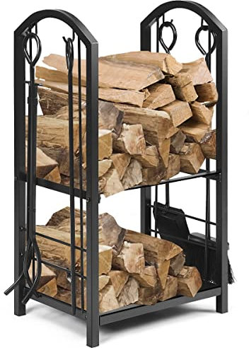 TANGZON Fireplace Log Rack with 4 Fireplace Tools, 43x30x74cm Wrought Iron 2-Tier Firewood Holder, Indoor Outdoor Heavy Duty Fire Log Holder Wood Stacking Storage Stand for Firepit Patio (Black)
