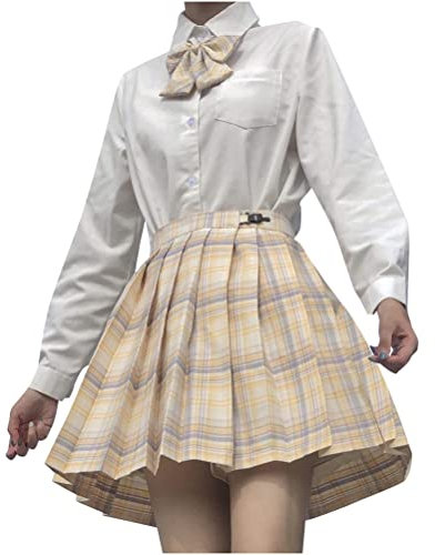 ORANDESIGNE Damen Gefaltete Skater Tennis Schule Rock Hohe Taille Minirock Frauen Mädchen Kariert Kurze Rock Faltenröcke S Gelb S