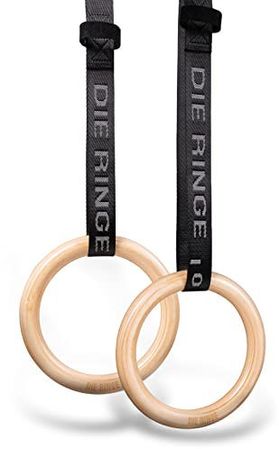 Die Ringe® Set d'anneaux de Gymnastique Essentiel - Norme de compétition - 28mm de poignée Gymnastic Rings et Sangles avec marquages tissés avec du Bois de Bouleau de Haute qualité