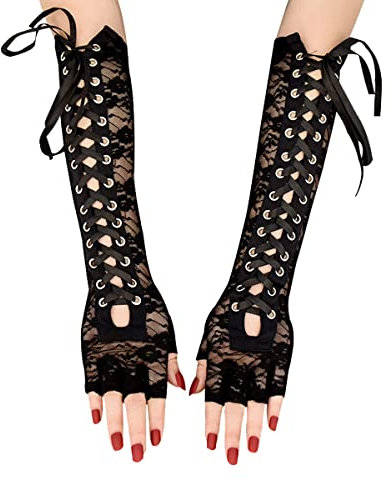 Damen Fingerlose Handschuhe, Lange Sexy Satin Handschuhe mit Schnürung, Schnürbare Armstulpen für Abend Oper Punk Party Cosplay Verkleidung Kostüme